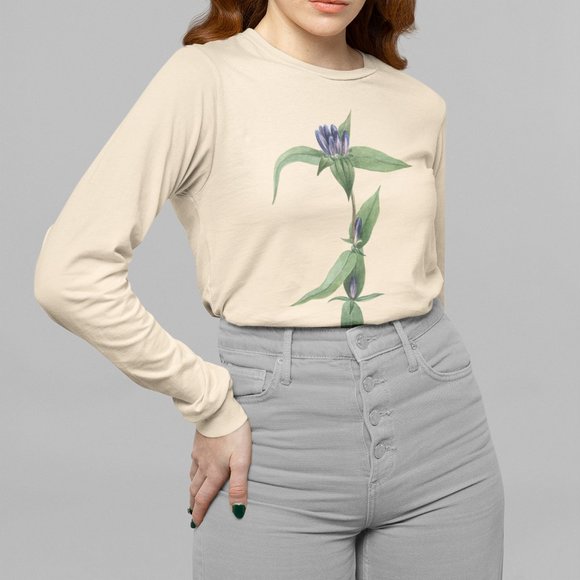 Outfit Bits Tops - Bottle Gentian Vintage Floral Print Long Sleeve Graphic Tee T-shirt S M S L XL